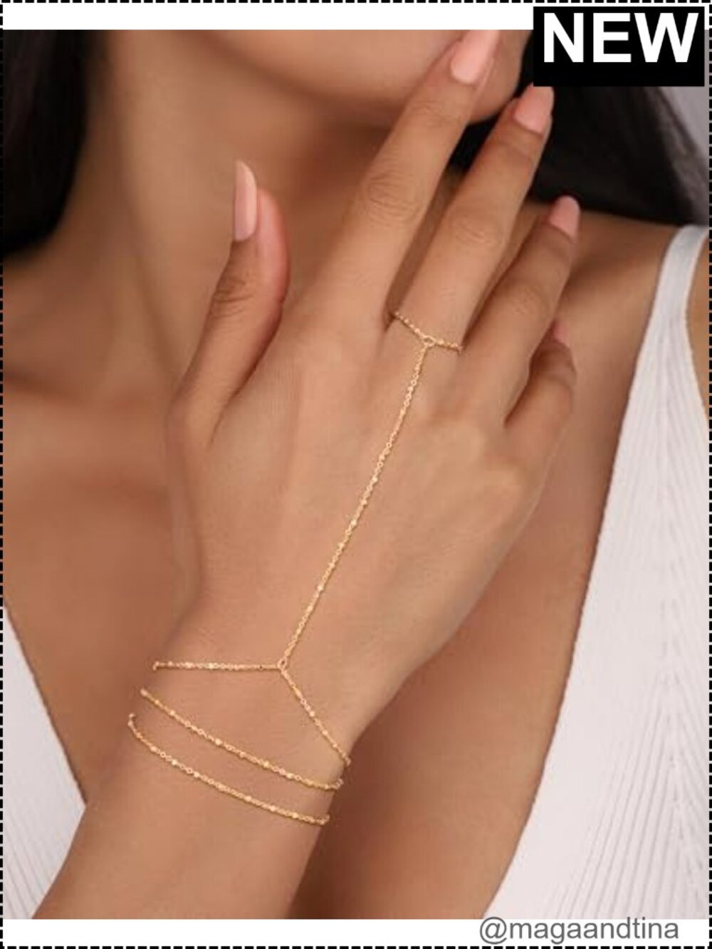 14K Gold Plated Hand Chain Bracelet Set - Dainty Adjustable Link Bracelets for